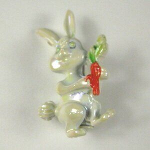 Rabbit Brooch White Enamel Metal Carrot Pin Anthropomorphic Easter Bunny